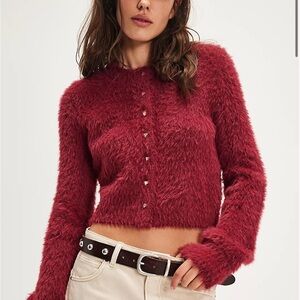 Free People Aged Red Fuzzy Cardigan